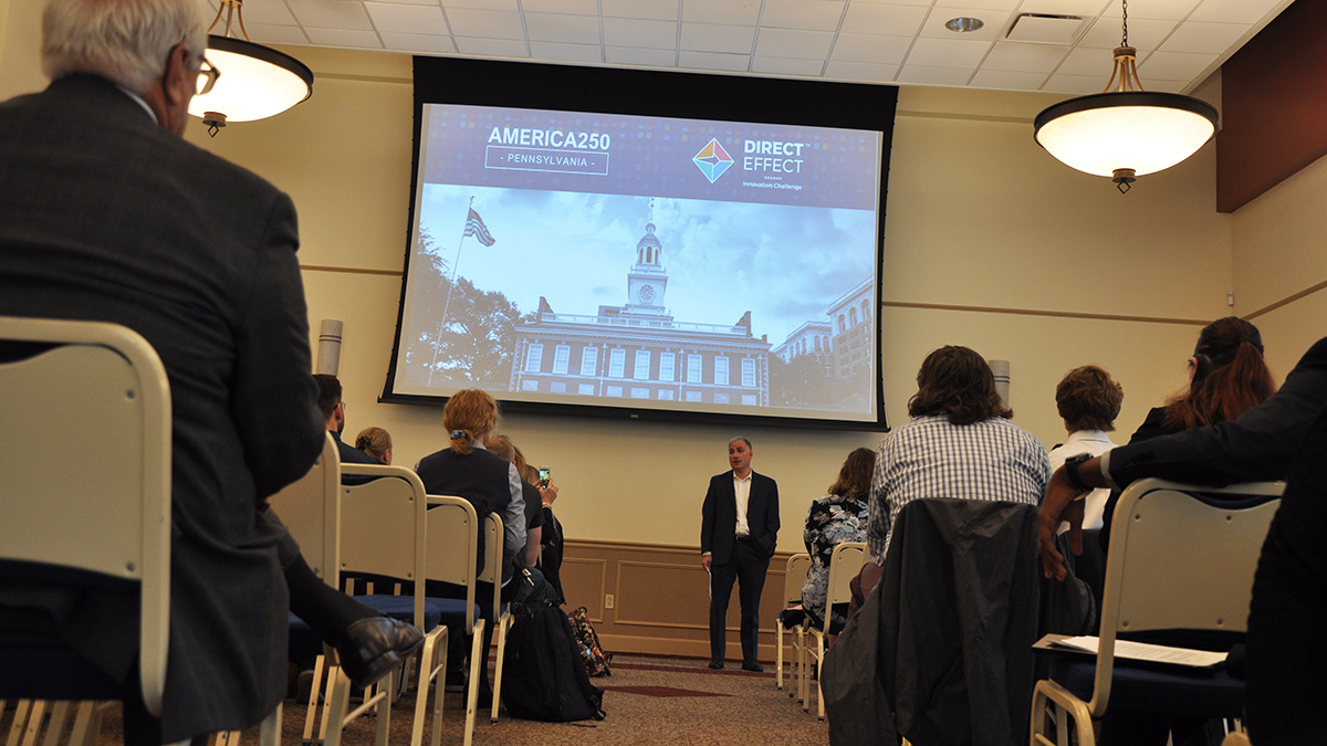 Pictured is the America250PA competition at Point Park University. Photos by Alexander Grubbs, '18, broadcast reporting alumnus and MBA student; Lou Corsaro and the United States Postal Service.