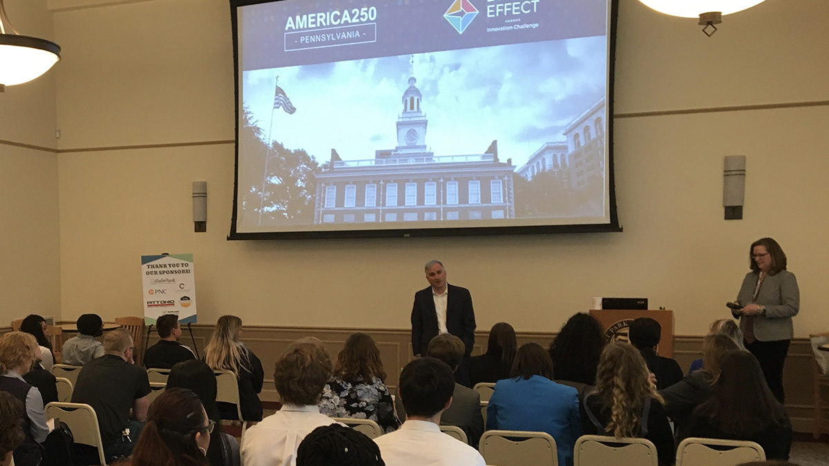 Pictured is the America250PA competition at Point Park University. Photos by Alexander Grubbs, '18, broadcast reporting alumnus and MBA student; Lou Corsaro and the United States Postal Service.