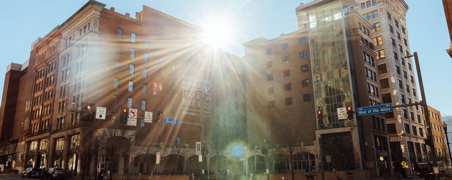 Buildings with a sunflare