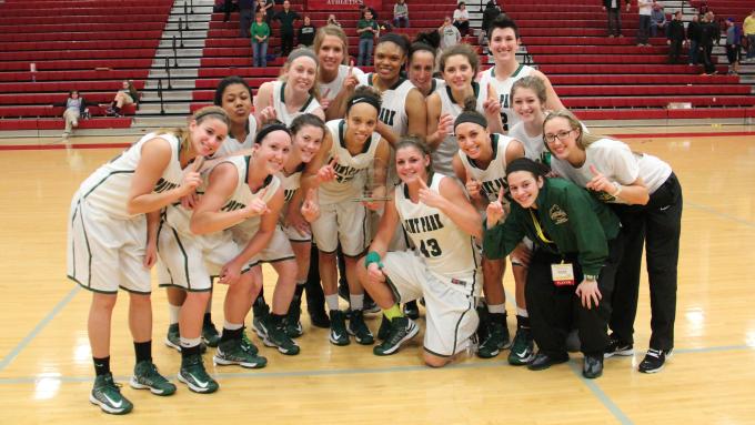 Photo of the Point Park University women's basketball team after they clenched the 2012-2013 KIAC championship.