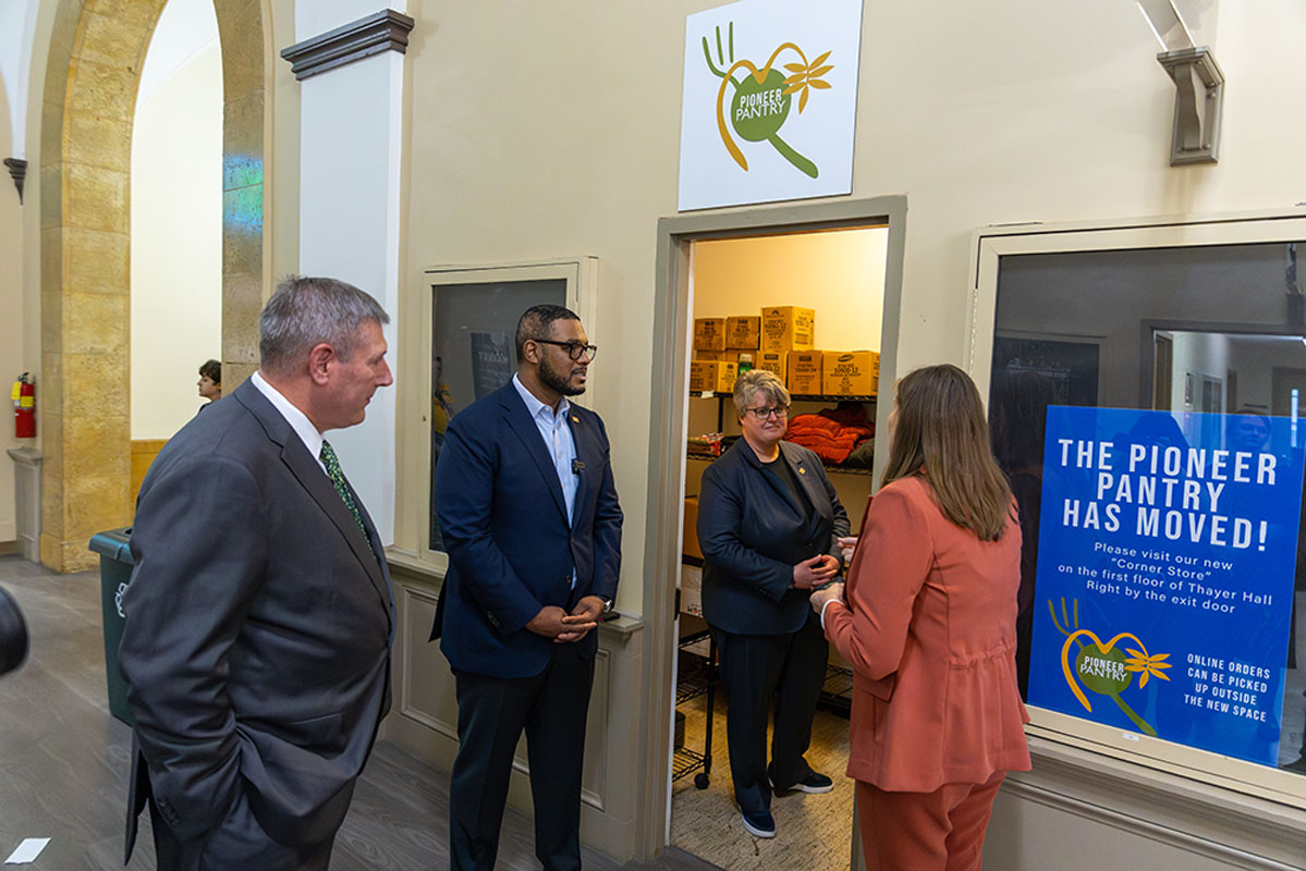 Pres. Brussalis, Lt. Gov. Austin Davis, Sec. Carrie Rowe visit the old Pioneer Pantry, now a closet.