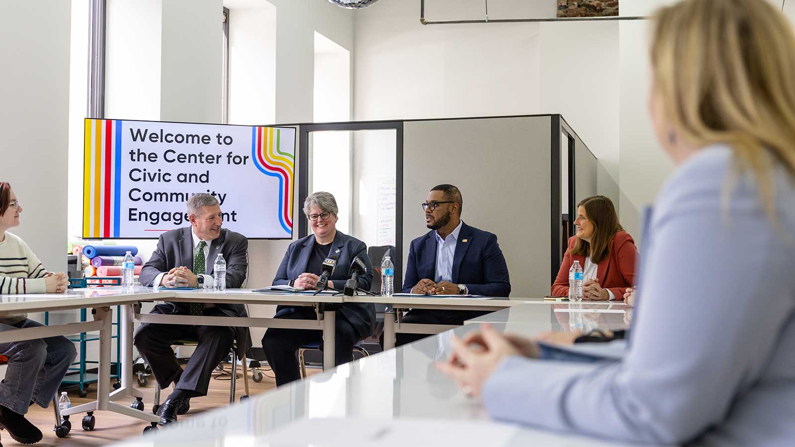 President Brussalis, Secretary of Education Carrie Rowe and Lt. Gov. Austin Davis sit a table in the Center for Civic and Community Engagement.