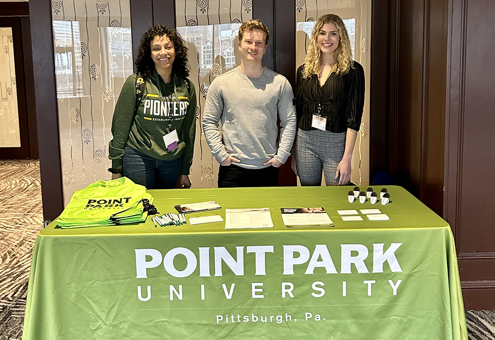 AJ de la Cruz, Kay In 't Ven and Natalea Hillen represented Point Park University at the 2023 Northeast Regional Honors Conference in Pittsburgh.