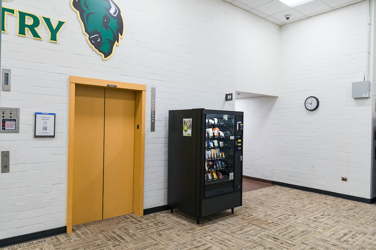 The lobby of the Student Center and the Wellness-on-the-go vending machine.