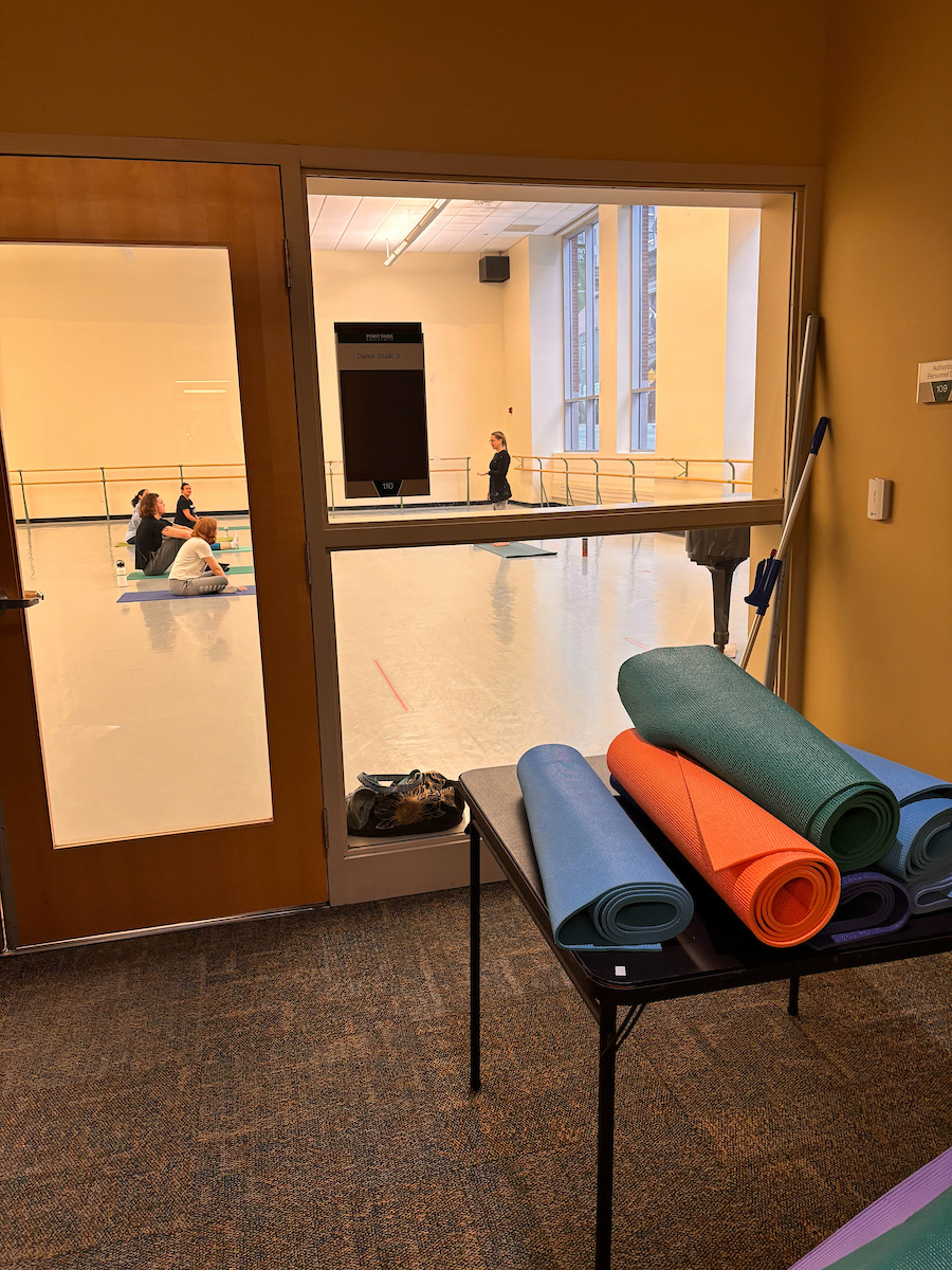 In the foreground are rolled yoga mats, in the background a yoga class is taking place.