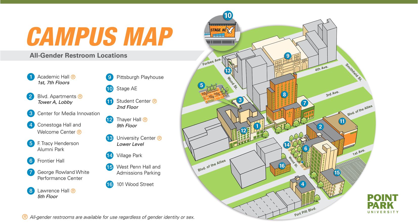 All Gender Restrooms image with the locations of restrooms around campus.